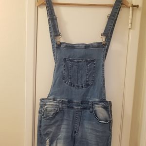 Ladies distressed denim overalls sz 5 waist 26